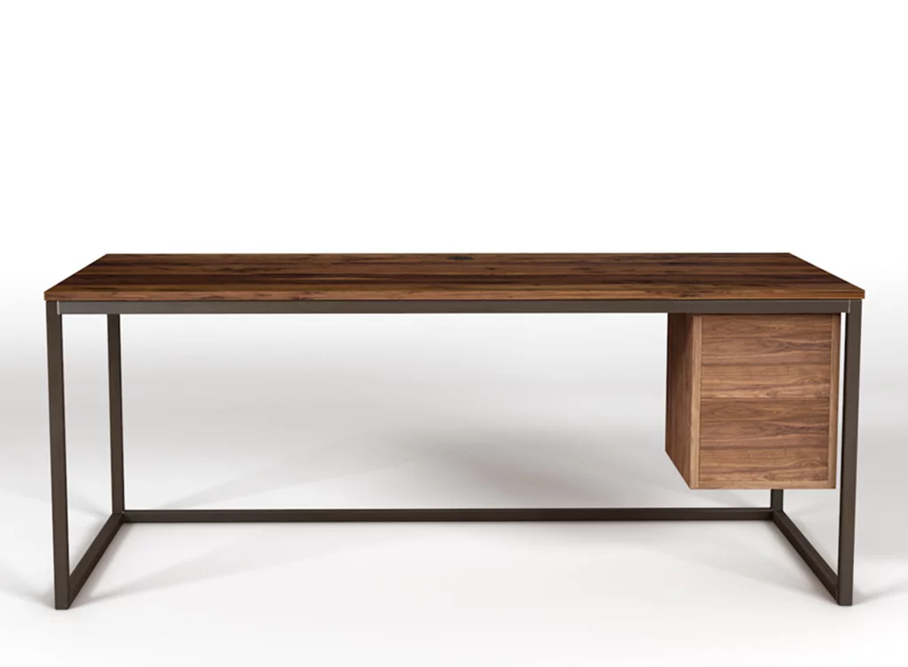 Schreibtisch Holz massiv Nussbaum mit Astanteil und einem Stahlgestell