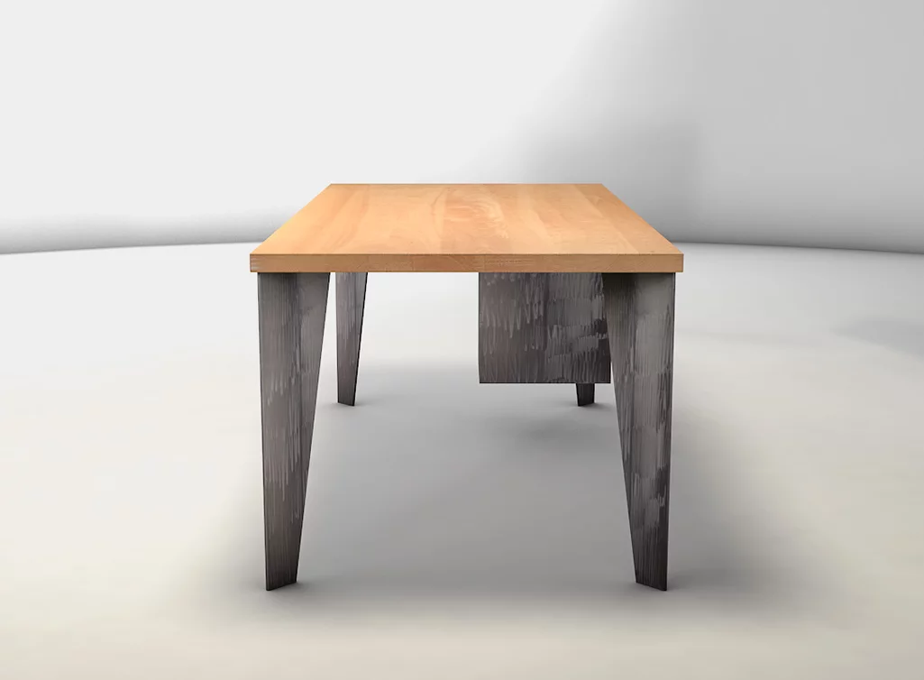 Buchenholz Schreibtisch mit Massivholzplatte und konisch zulaufenden Stahlbeinen Buchenholz Schreibtisch mit Massivholzplatte und konisch zulaufenden Stahlbeinen