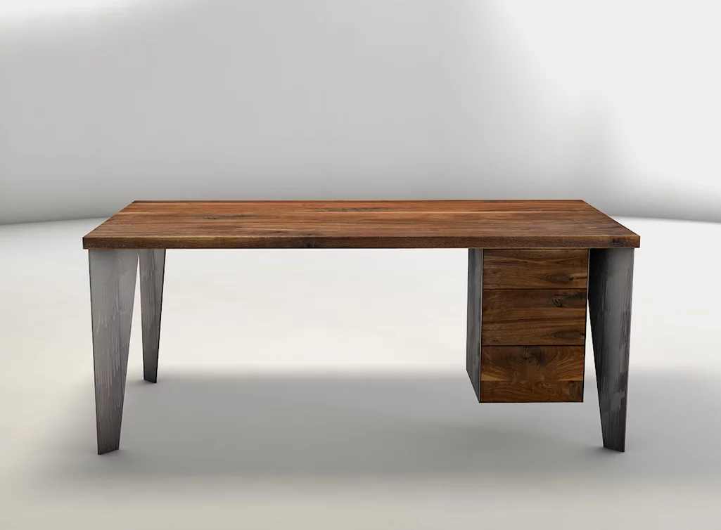 Schreibtisch aus Nussbaum und Stahl mit einer Schreibtischplatte nach Maß