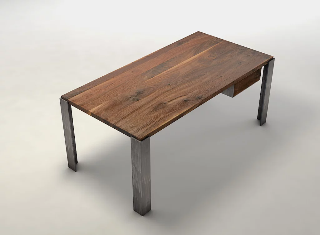 Schreibtisch aus Nussbaum Massivholz mit Stahlbeinen nach Maß EWG171-ST