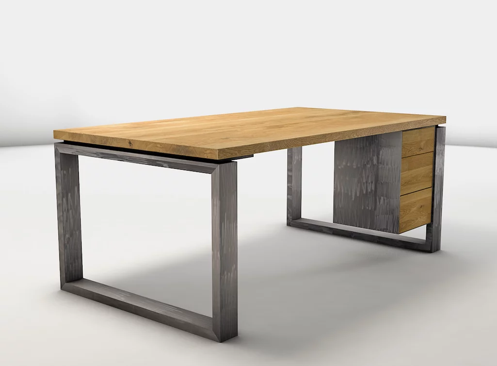 Schreibtisch mit Metallkufen und Echtholz Eiche Tischplatte LH837-ST