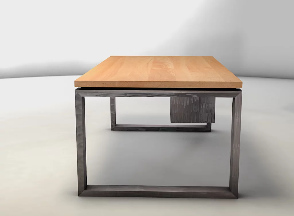 Schreibtisch in Maßanfertigung aus massivem Buchenholz und Stahlkufen gefertigt
