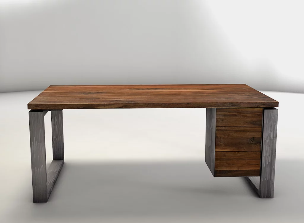 Nussbaum Schreibtisch mit Schreibtischplatte nach Maß und Stahlkufen mit Schattenfuge