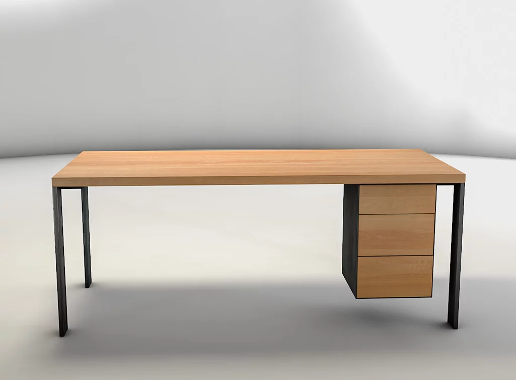 Buche Schreibtisch Holz massiv Beispielbild mit drei Schubkästen im Stahlcontainer Buche Schreibtisch Holz massiv Beispielbild mit drei Schubkästen im Stahlcontainer
