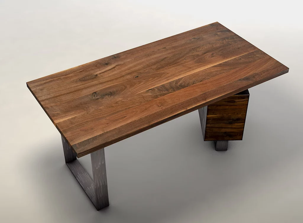 Nussbaumholz Schubladen Schreibtisch mit charaktervollem Ast- und Splintholzanteil Nussbaumholz Schubladen Schreibtisch mit charaktervollem Ast- und Splintholzanteil