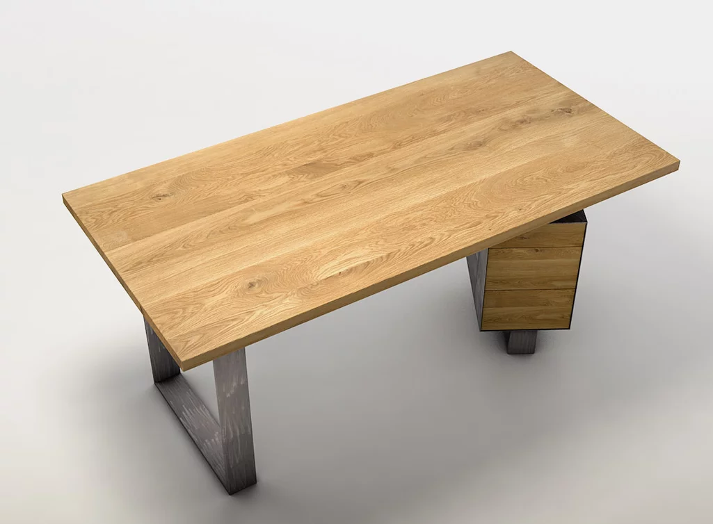 Schubladenschreibtisch mit massiver Eiche Tischplatte aus Ast- und Splintholz gefertigt