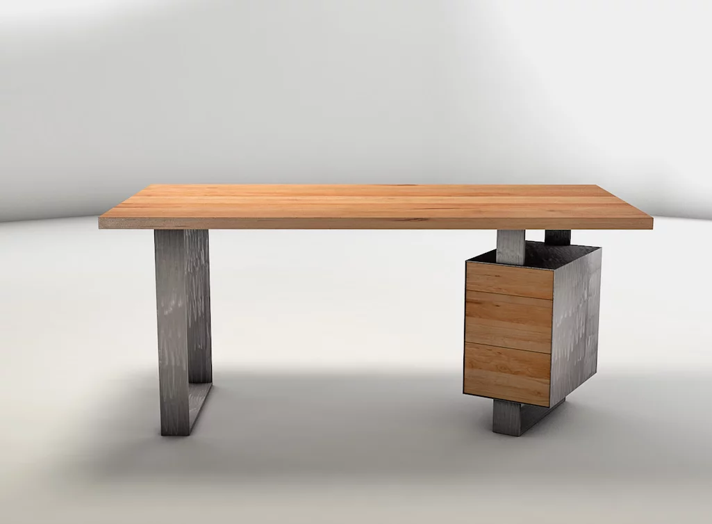 Schreibtisch Kernbuche mit Schubladencontainer an Kufe aus Stahl 4mm