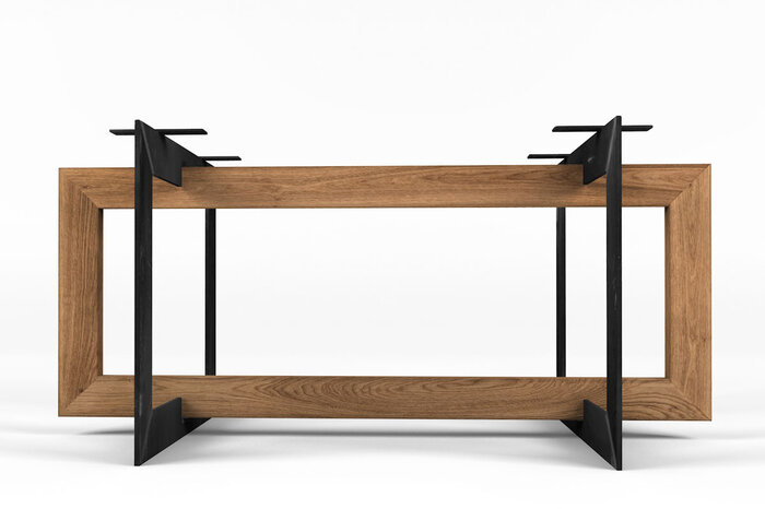 Selbsttragendes Tischuntergestell Massivholz Stahl nach Maß in futuristischer Optik