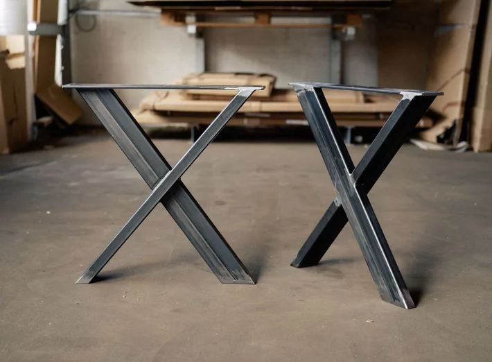 Aus Rohstahl gefertigtes Tischgestell in X-Form nach Maß