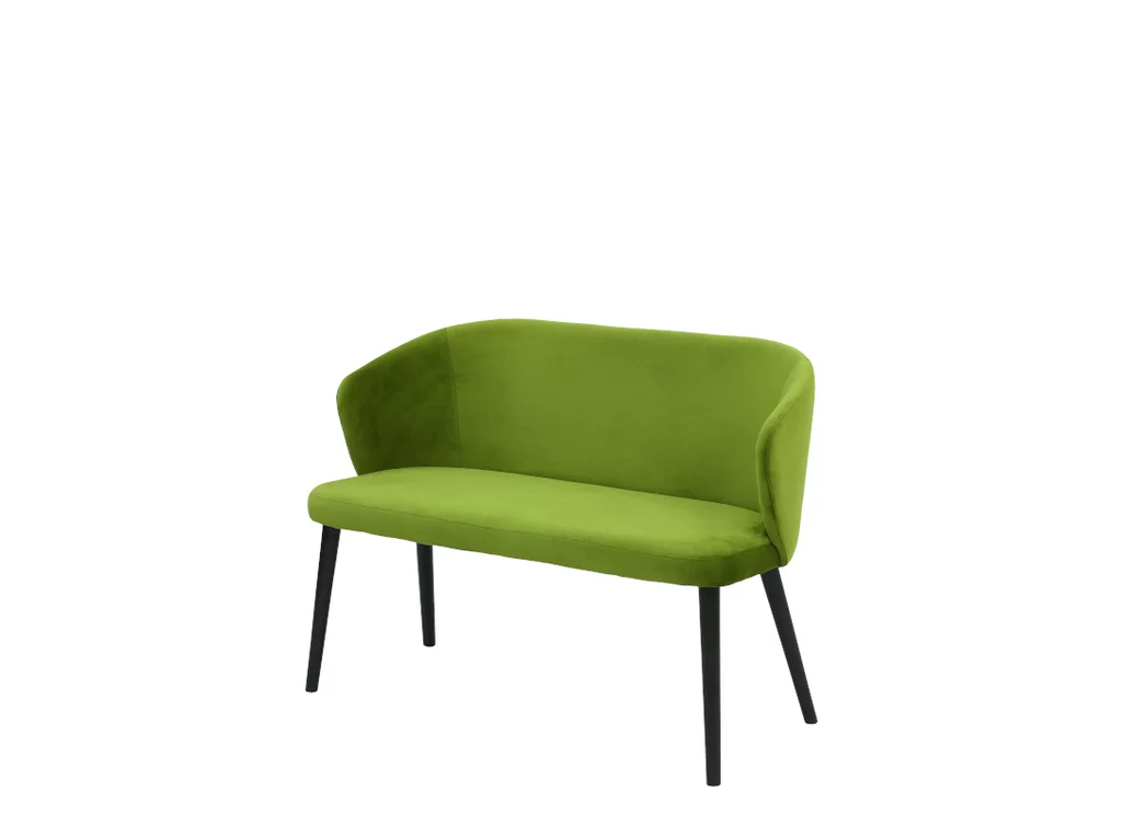 schräge Frontansicht der gepolsterten Sitzbank 5A im 60er Jahre Stil mit massiven Buche-Füßen