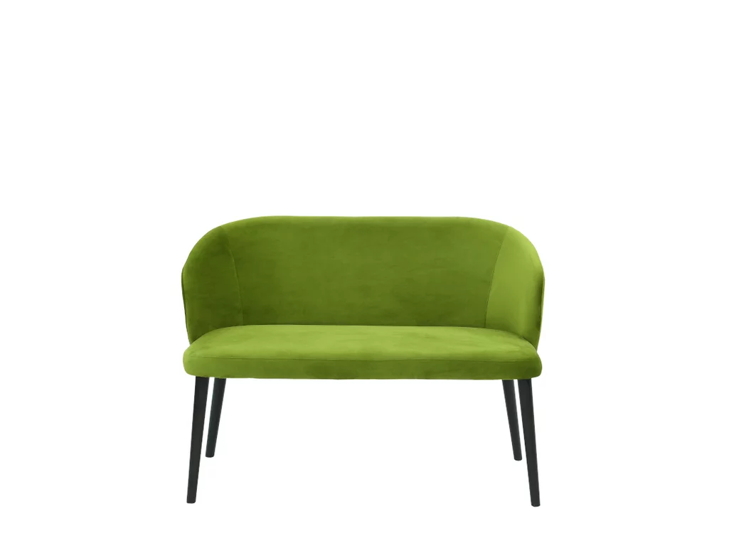 Frontansicht der gepolsterten Sitzbank 5A im 60er Jahre Stil mit massiven Buche-Füßen