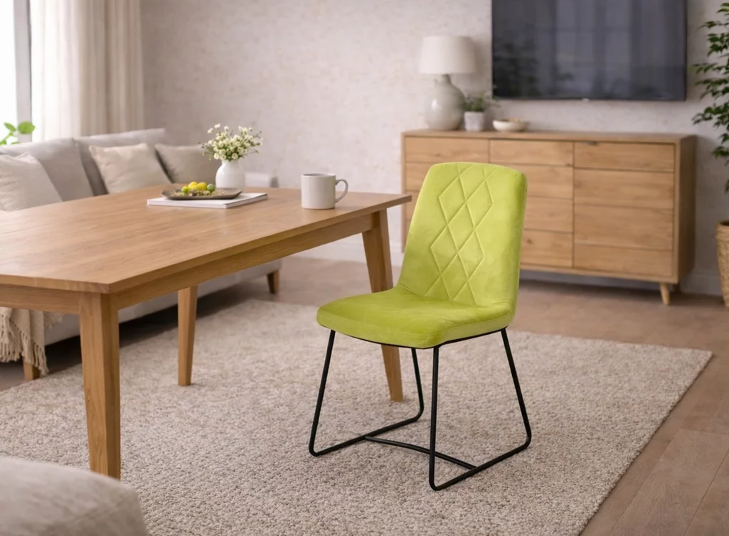 Esszimmerstuhl 6B am Esstisch in modernem Wohnambiente mit Holz und Metall